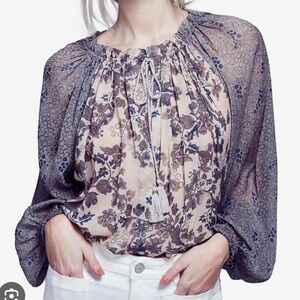 Free People Hendrix Sheer Mixed Print Floral Puff Sleeve Blouse Size S—Loose Fit
